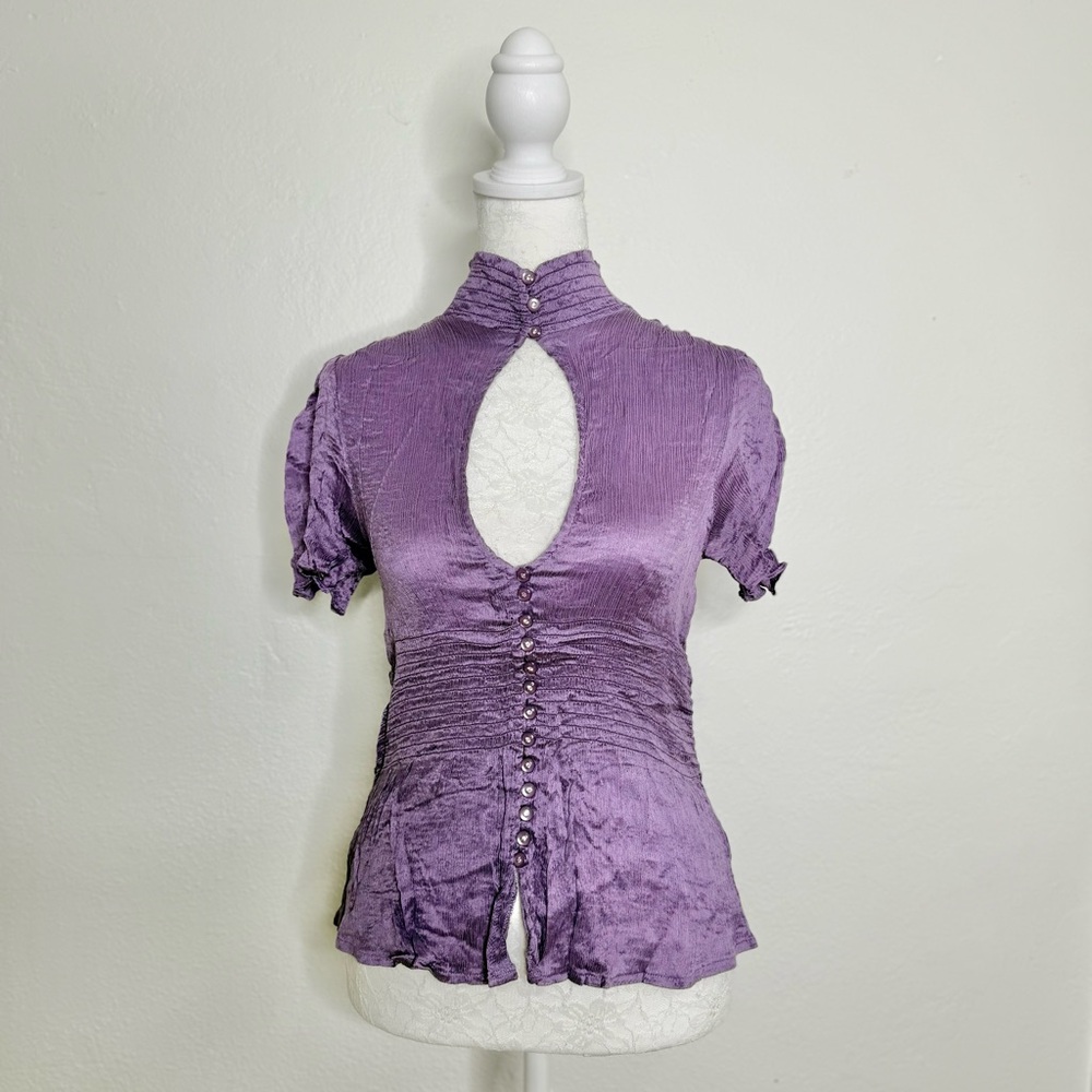 Bebe Y2K Lavender Keyhole High Neck Button-Front Blouse